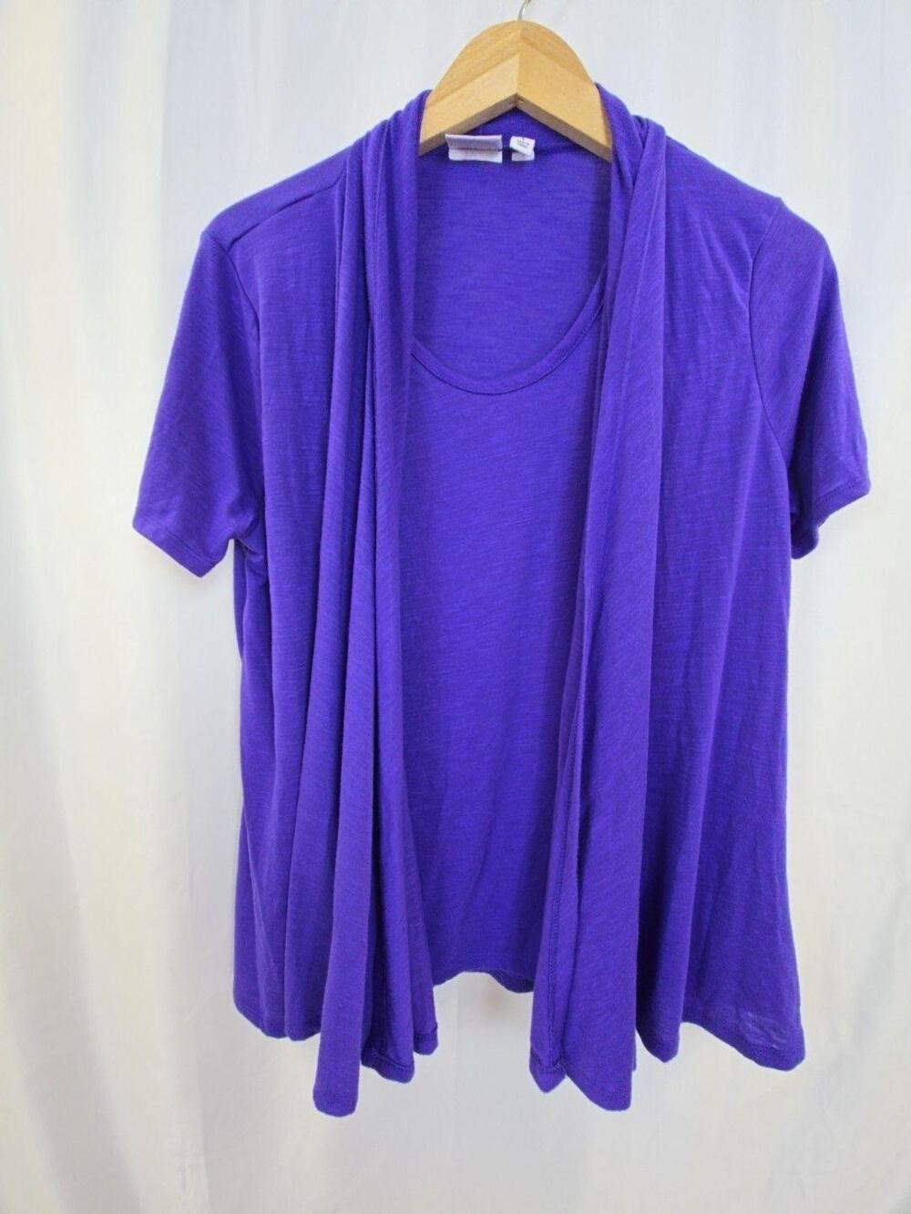Kim Rogers Shirt Womens Large Purple Short Sleeve Open Front Scoop Neck Top
